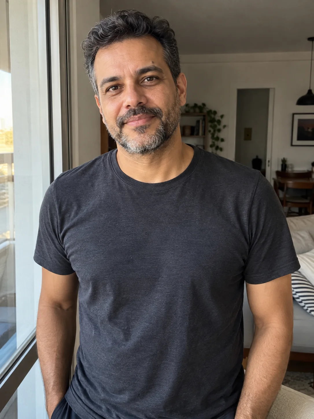Foto cotidiana simulada de um homem em casa, usando camiseta escura