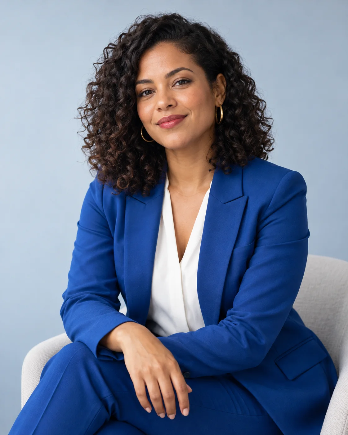 Exemplo ilustrativo de retrato profissional com blazer azul e fundo claro